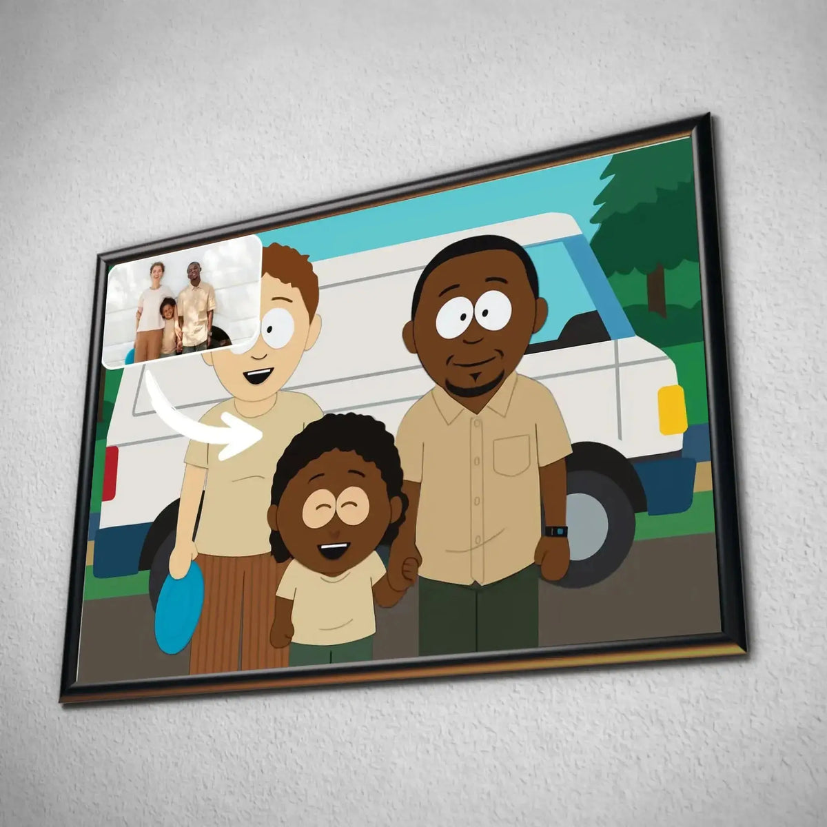 Tableau horizontal personnalisé style South Park encadré, portrait de famille en illustration