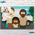 Tableau horizontal personnalisé style South Park sur mur de briques blanches, portrait de famille