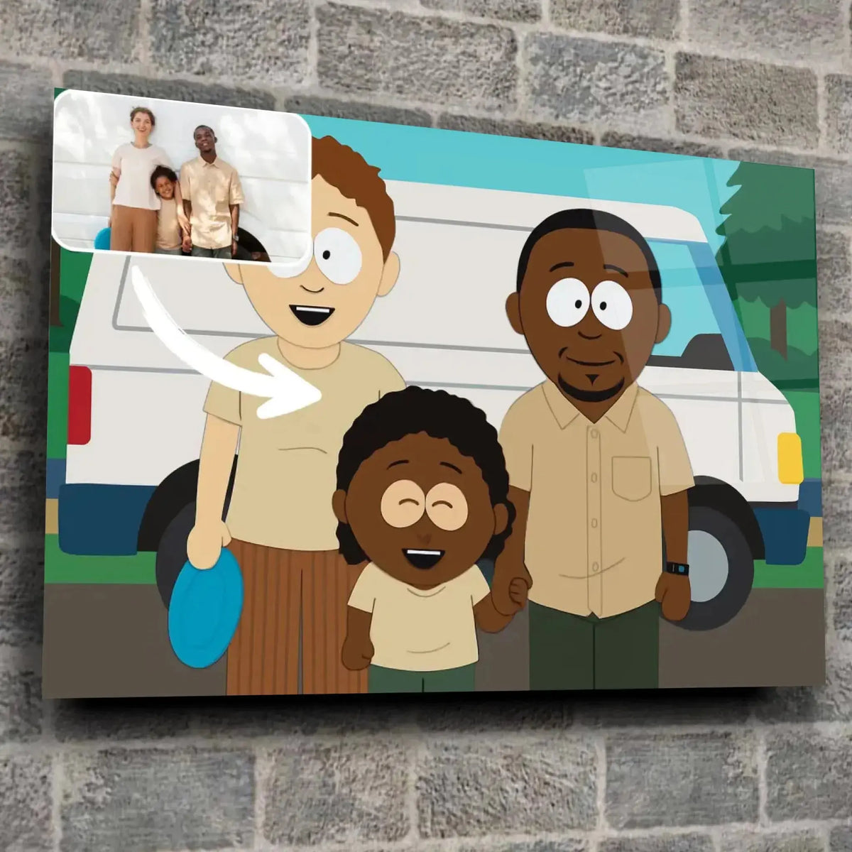 Tableau horizontal personnalisé style South Park sur mur de pierre, portrait de famille