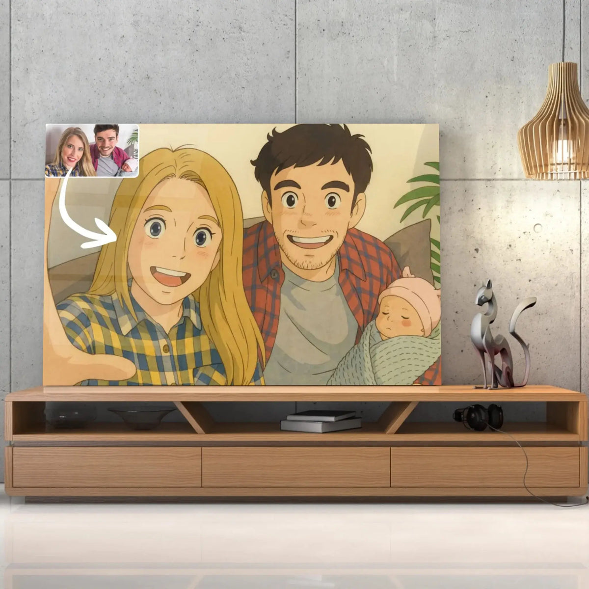 Tableau horizontal style anime japonais Ghibli sur meuble TV, cadeau original, portrait de famille