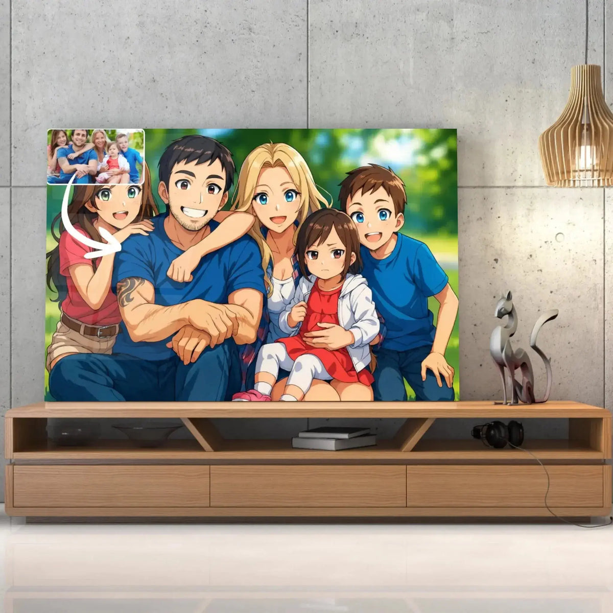 Tableau horizontal style anime japonais manga sur meuble TV, cadeau original, portrait de famille