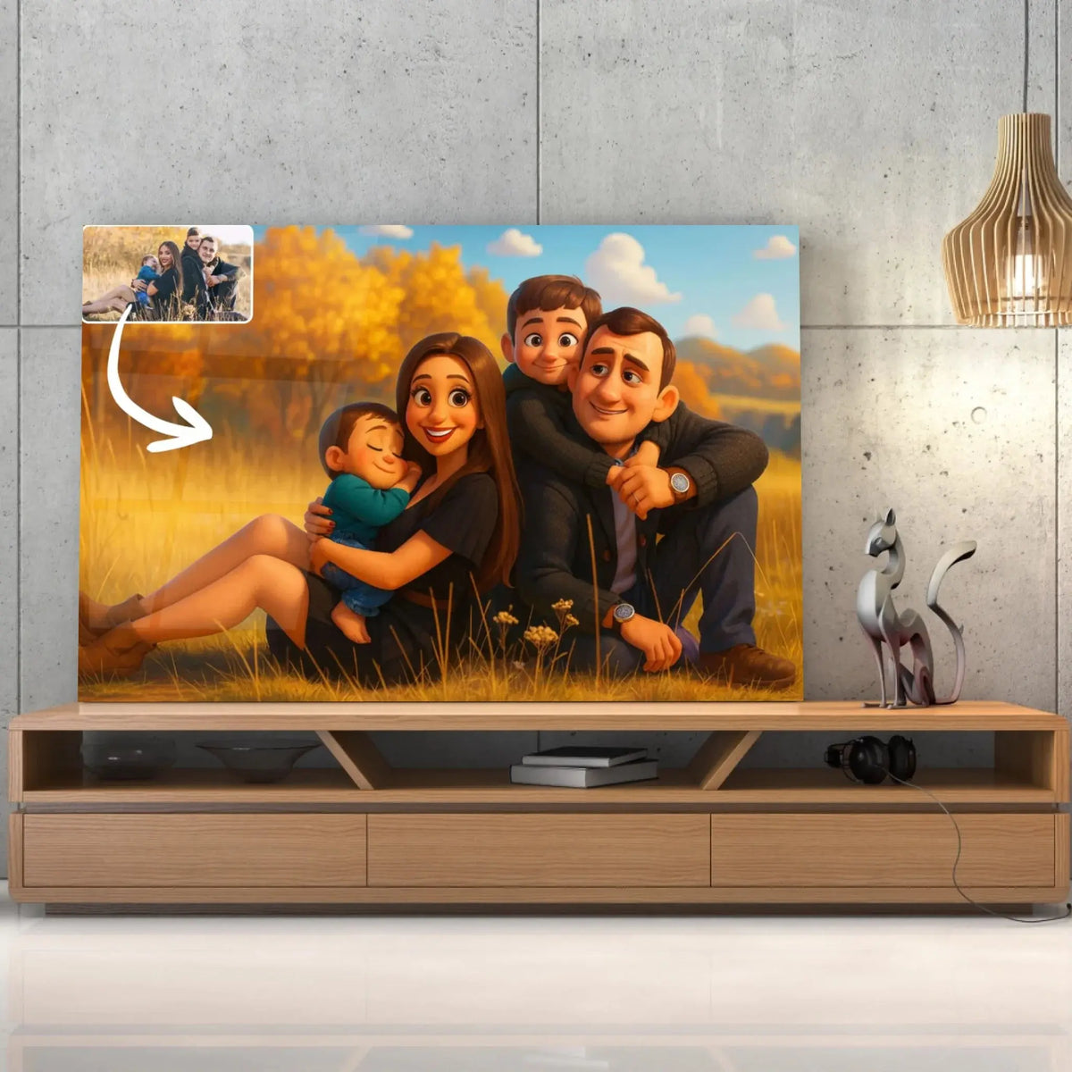 Tableau horizontal style anime Pixar 3D sur meuble TV, cadeau original, portrait de famille