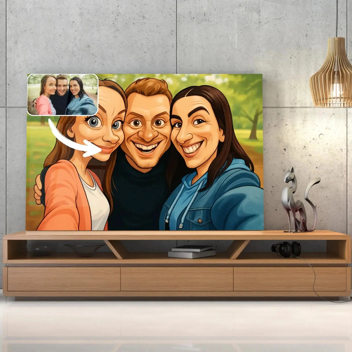 Tableau horizontal style caricature sur meuble TV, cadeau original, portrait de groupe d'amis
