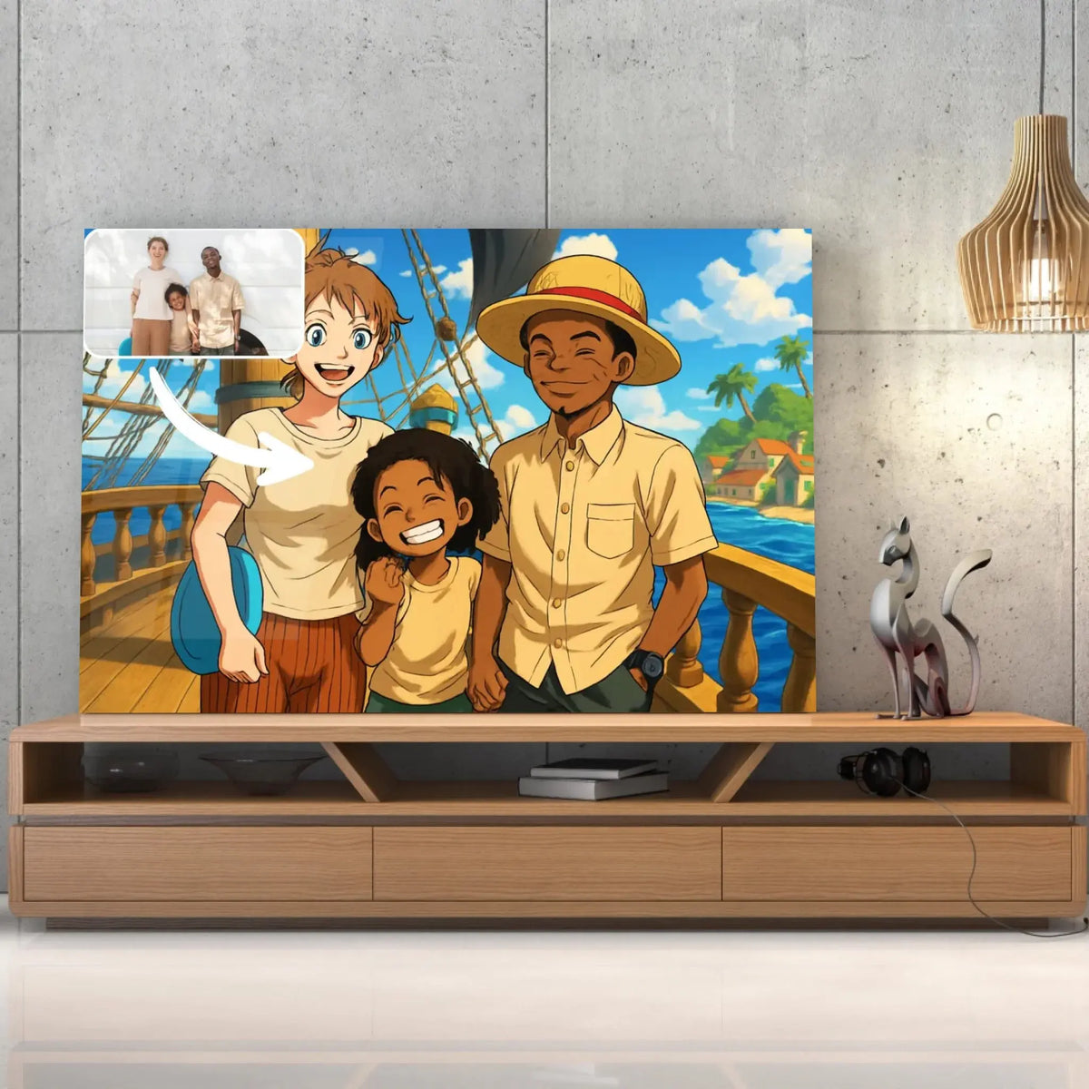 Tableau horizontal style One Piece sur meuble TV, cadeau original, portrait de famille