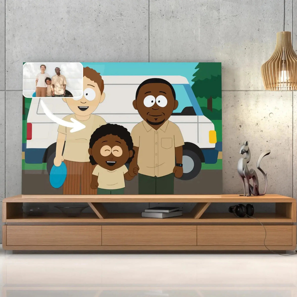 Tableau horizontal style South Park sur meuble TV, cadeau original, portrait de famille
