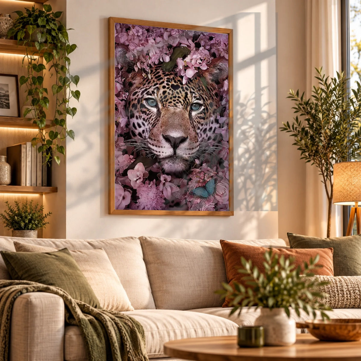Tableau léopard feuillage en affiche encadrée bois dans un salon