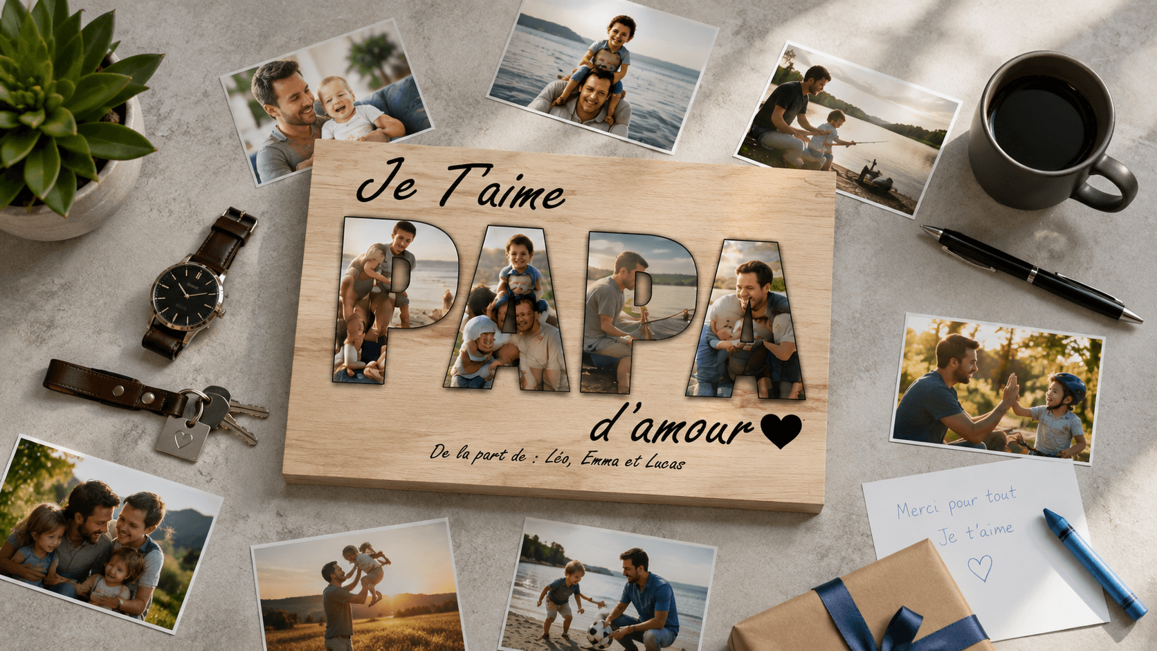 Tableau lettres photos « Je t'aime Papa » en bois, composé de photos de famille, posé sur une table