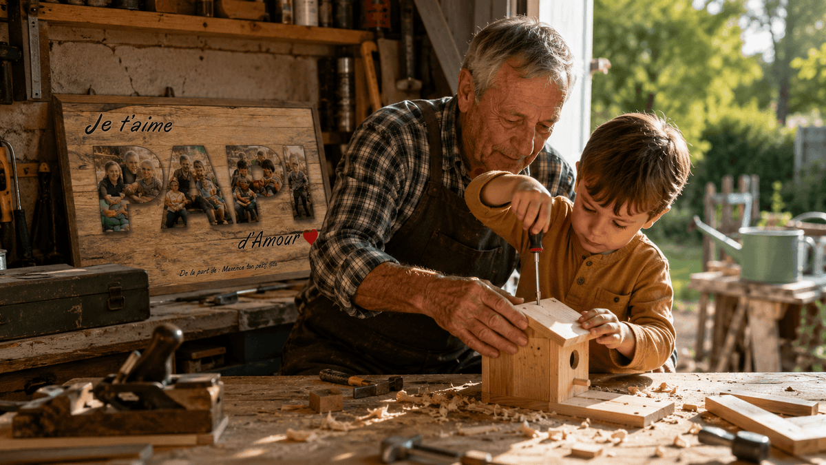 Grand-père et petit-fils bricolant dans un atelier devant un tableau lettres photos