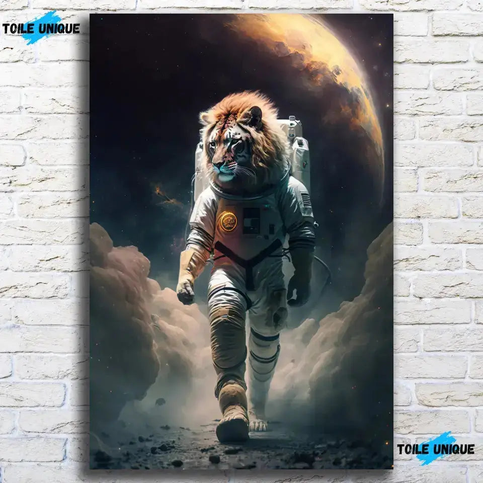 Tableau Lion Astronaute sur toile, accroché sur un mur de briques blanches