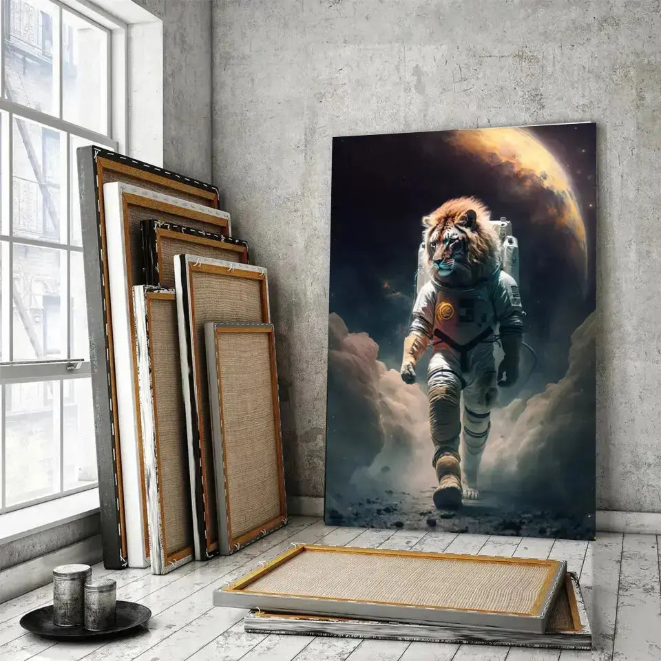 Tableau Lion Astronaute sur toile, posé devant des cadres empilés près d'une fenêtre