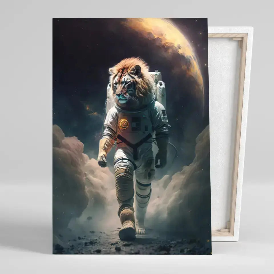 Tableau Lion Astronaute sur toile, vue montrant l'épaisseur du châssis