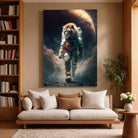 Tableau Lion Astronaute sur toile, accroché dans un salon avec bibliothèque