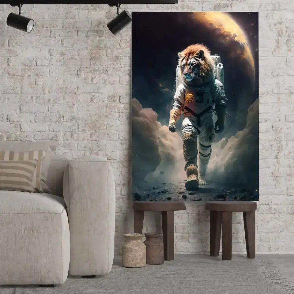 Tableau Lion Astronaute sur toile, posé sur des tabourets devant un mur de briques