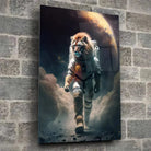 Tableau Lion Astronaute en verre acrylique, fixé sur un mur de pierre