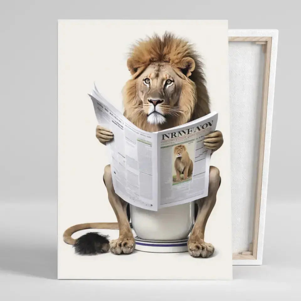 Tableau Lion aux toilettes sur toile, vue montrant l'épaisseur du châssis
