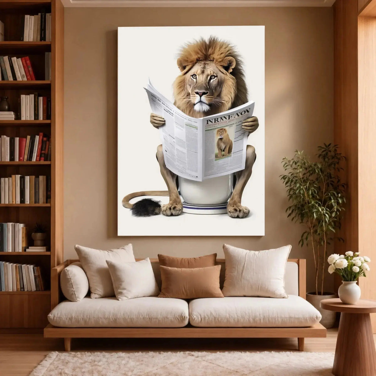 Tableau Lion aux toilettes sur toile, accroché dans un salon avec bibliothèque