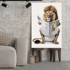 Tableau Lion aux toilettes sur toile, posé sur des tabourets devant un mur de briques