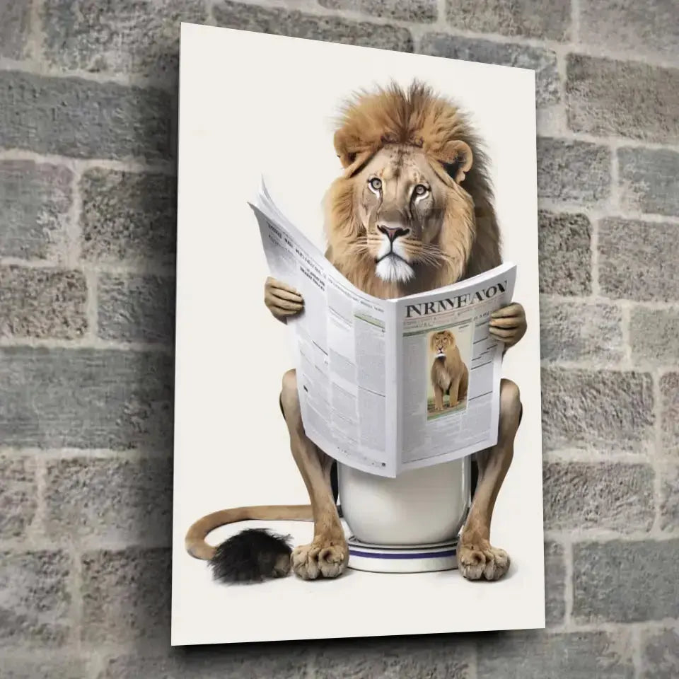 Tableau Lion aux toilettes en verre acrylique, fixé sur un mur de pierre