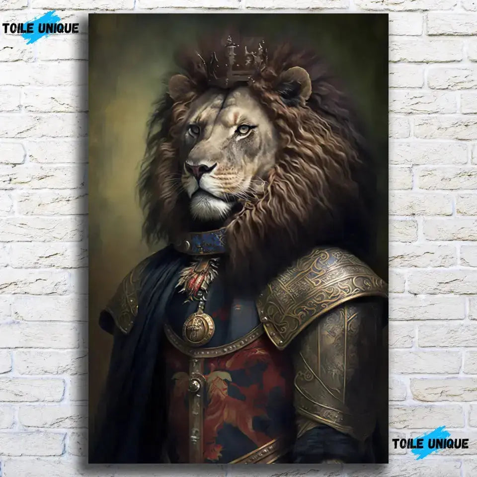 Tableau Lion avec Couronne et Armure Médiévale sur toile, accroché sur un mur de briques blanches