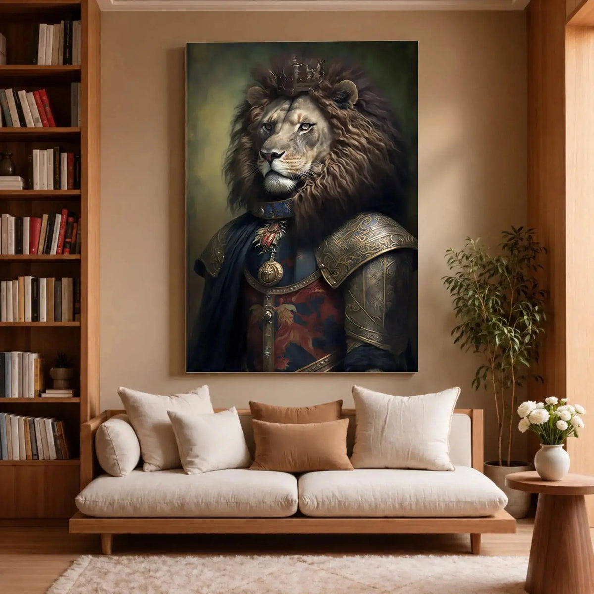 Tableau Lion avec Couronne et Armure Médiévale sur toile, accroché dans un salon avec bibliothèque