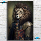 Tableau Lion avec Couronne et Armure Médiévale en verre acrylique, sur un mur de briques blanches