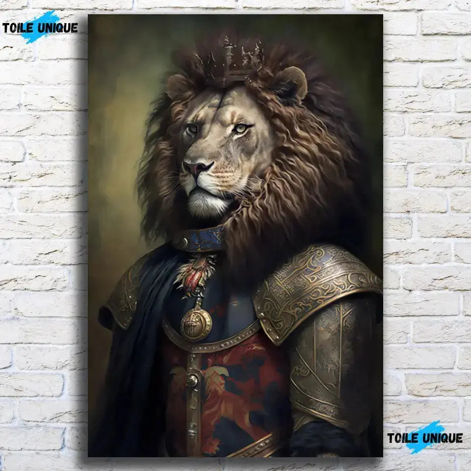 Tableau Lion avec Couronne et Armure Médiévale en verre acrylique, sur un mur de briques blanches