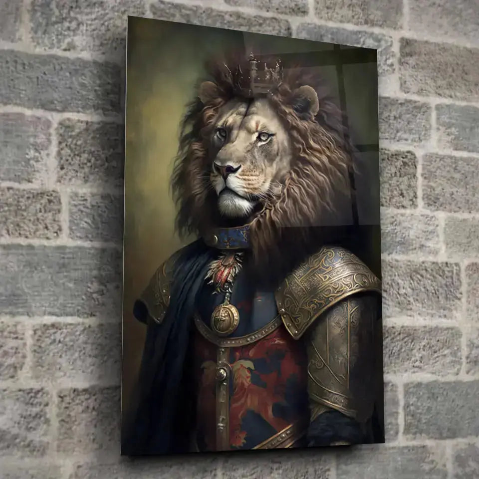 Tableau Lion avec Couronne et Armure Médiévale en verre acrylique, fixé sur un mur de pierre