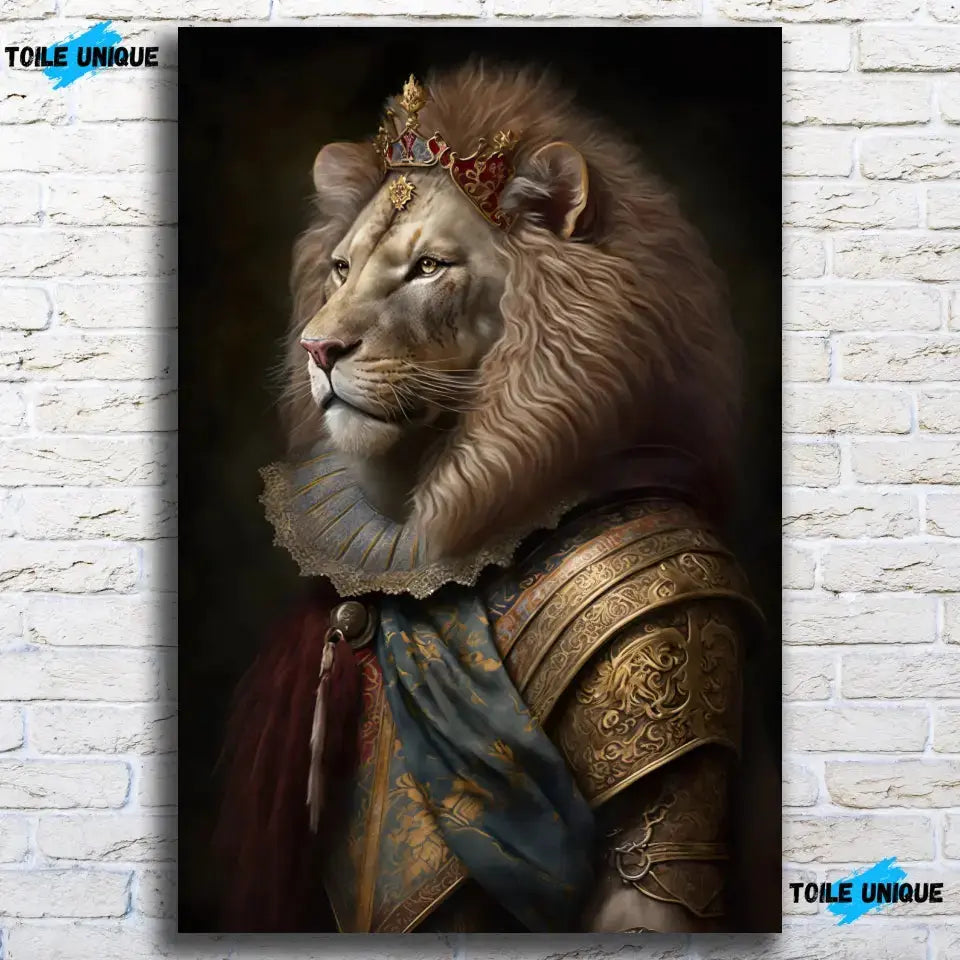 Tableau Lion Couronné en Habit Royal sur toile, accroché sur un mur de briques blanches