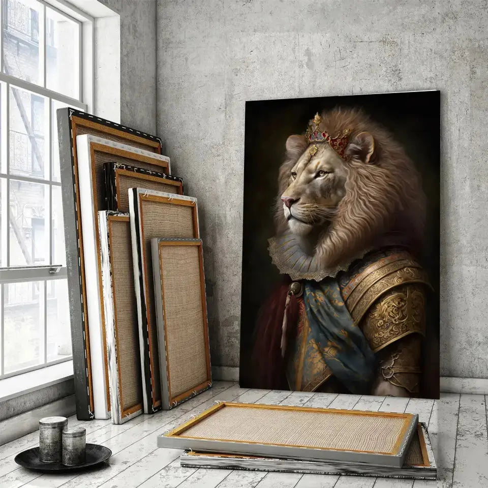 Tableau Lion Couronné en Habit Royal sur toile, posé devant des cadres empilés près d'une fenêtre