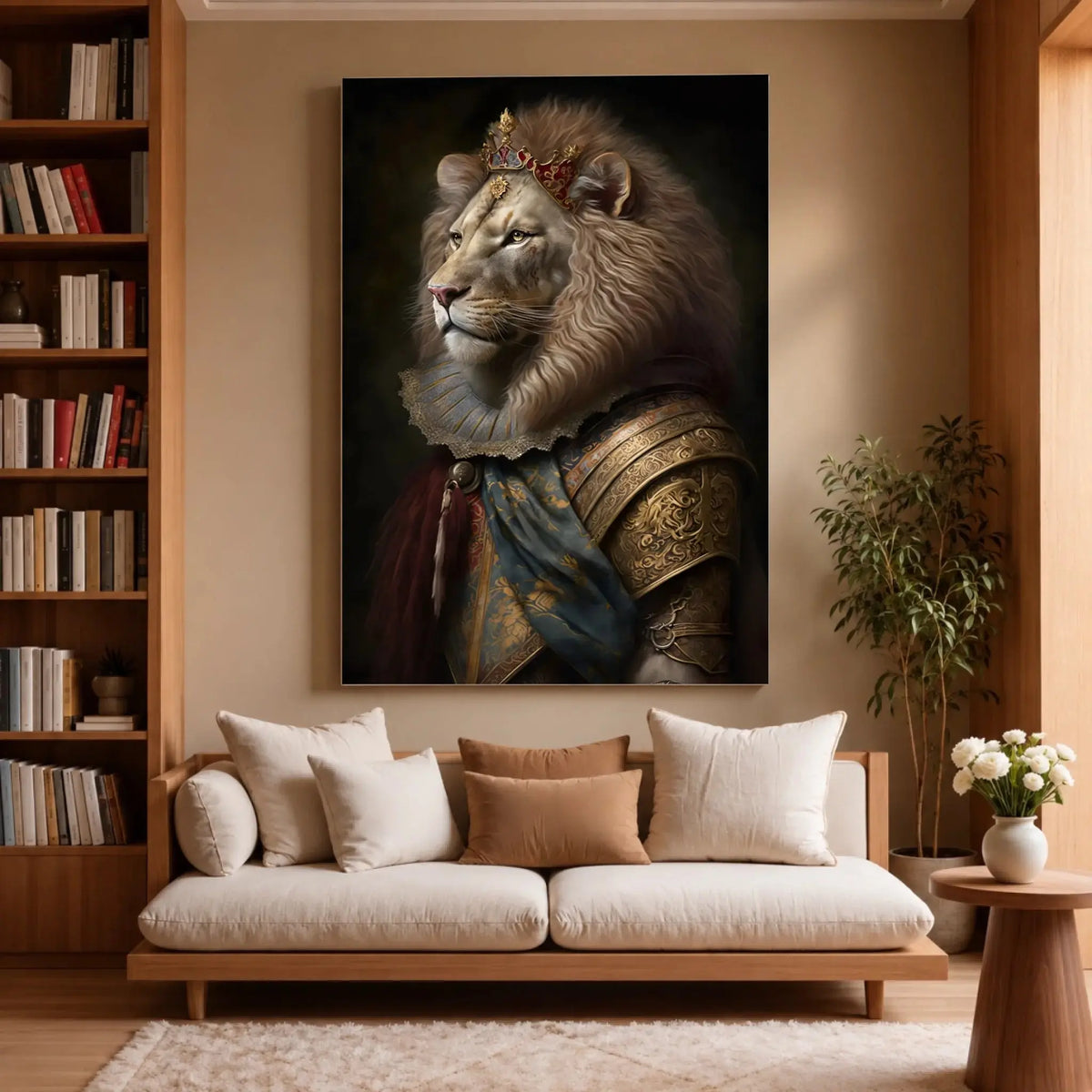 Tableau Lion Couronné en Habit Royal sur toile, accroché dans un salon avec bibliothèque