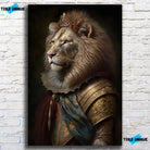 Tableau Lion Couronné en Habit Royal en verre acrylique, sur un mur de briques blanches