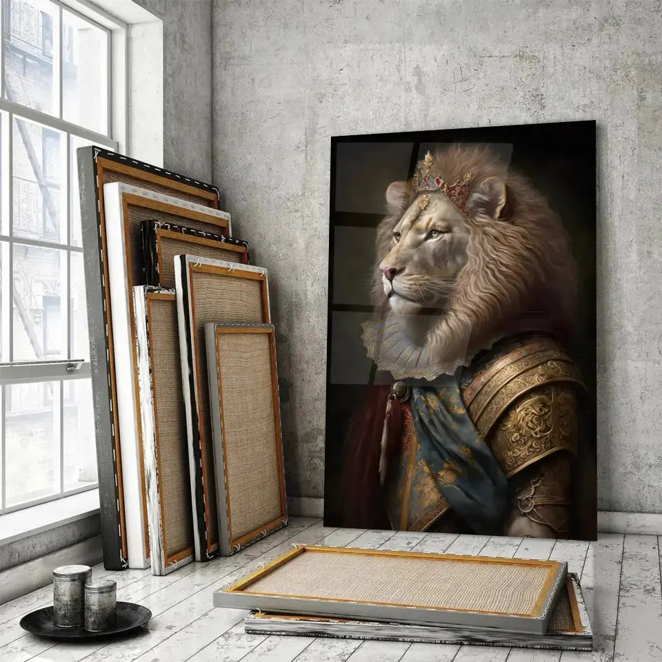 Tableau Lion Couronné en Habit Royal en verre acrylique, posé devant des cadres empilés