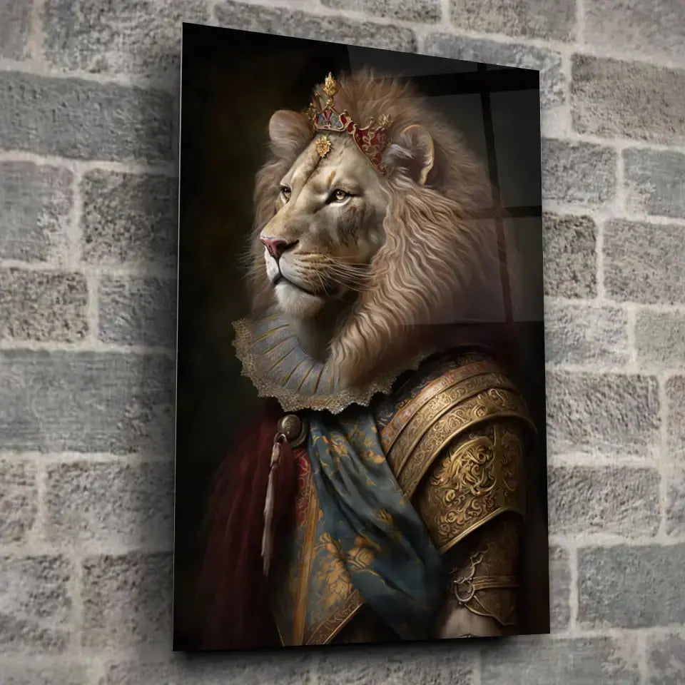 Tableau Lion Couronné en Habit Royal en verre acrylique, fixé sur un mur de pierre
