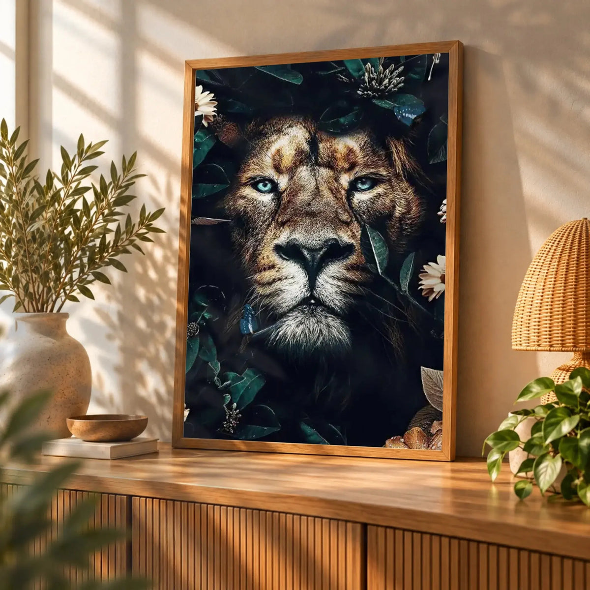 Tableau Lion feuillage en affiche encadrée bois sur un buffet