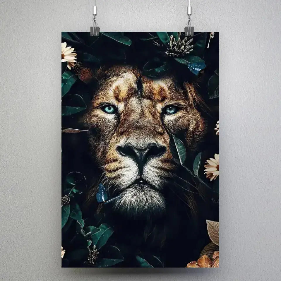 Tableau Lion feuillage en affiche suspendue par des pinces sur un mur gris