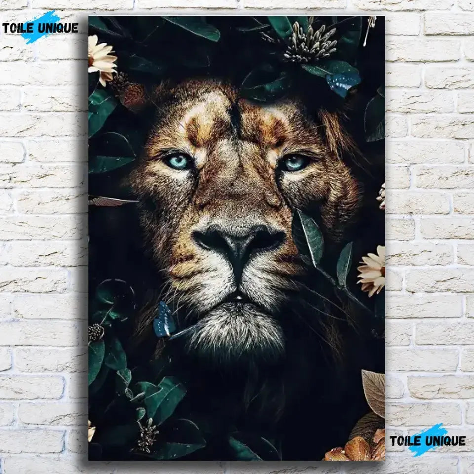 Tableau Lion feuillage sur toile, accroché sur un mur de briques blanches