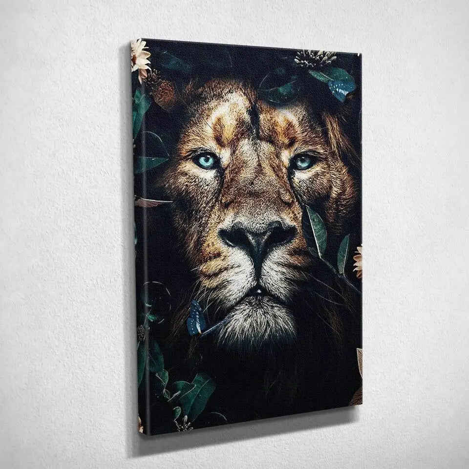 Tableau Lion feuillage sur toile, vue montrant l'épaisseur du châssis