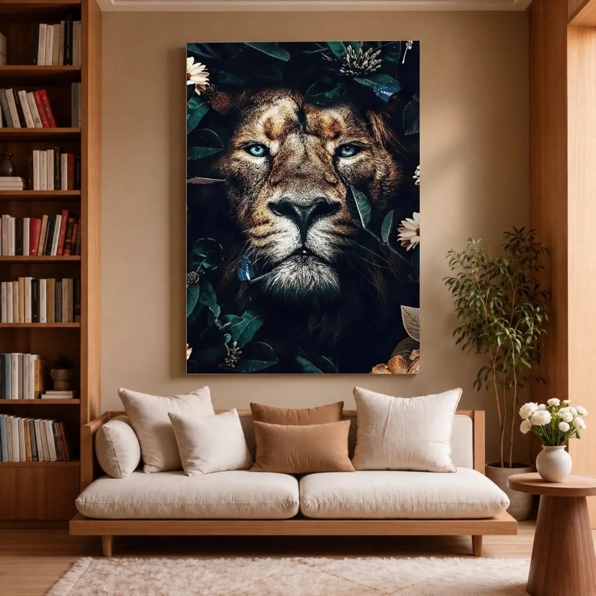 Tableau Lion feuillage sur toile, accroché dans un salon avec bibliothèque