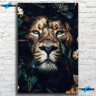 Tableau Lion feuillage en verre acrylique, sur un mur de briques blanches