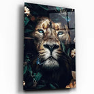 Tableau Lion feuillage en verre acrylique, vue inclinée sur fond blanc