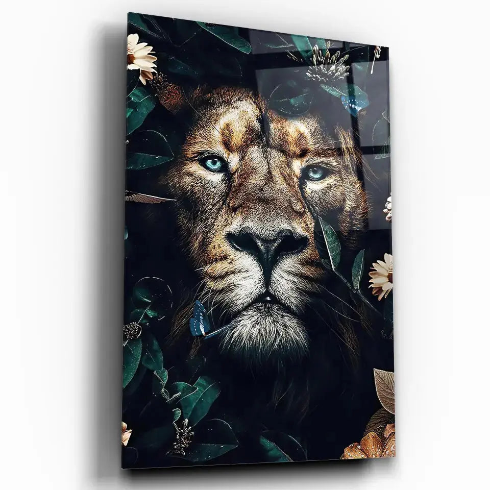 Tableau Lion feuillage en verre acrylique, vue inclinée sur fond blanc