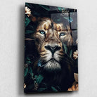 Tableau Lion feuillage en verre acrylique, vue inclinée sur fond clair