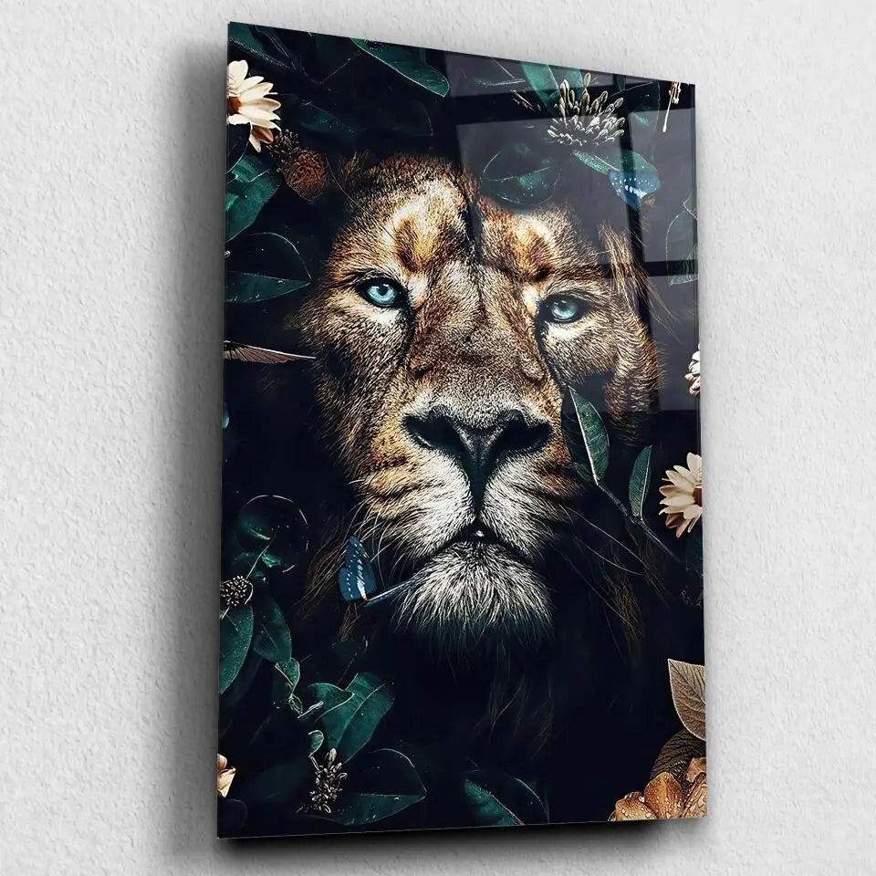 Tableau Lion feuillage en verre acrylique, vue inclinée sur fond clair