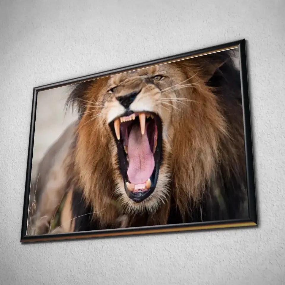Tableau Décoratif Lion Rugissant en affiche dans un cadre noir, vue inclinée sur un mur gris