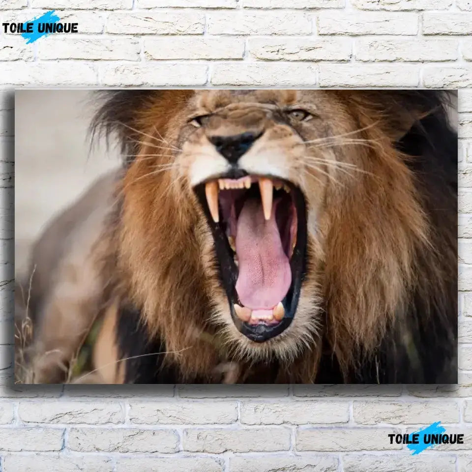 Tableau Décoratif Lion Rugissant en affiche, vue de face sur un mur de briques blanches