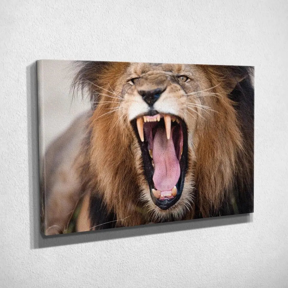 Tableau Décoratif Lion Rugissant sur toile, vue inclinée montrant l'épaisseur du châssis