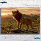 Tableau lion savane en affiche, vue de face sur un mur de briques blanches