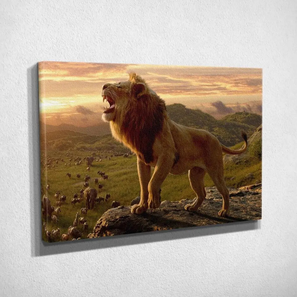 Tableau lion savane sur toile, vue inclinée montrant l'épaisseur du châssis