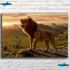 Tableau lion savane sur toile, vue de face sur un mur de briques blanches