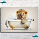 Tableau Lionceau dans un Bain sur toile, vue de face sur un mur de briques blanches